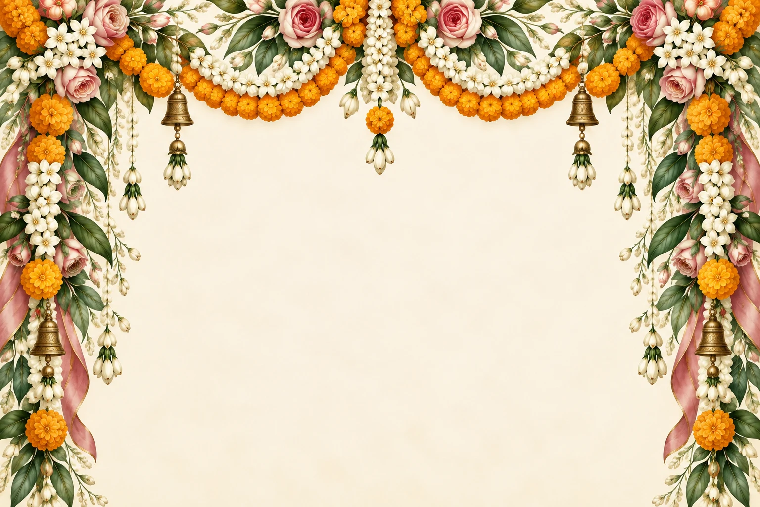 Marigold, jasmine and rose garlands with brass bells